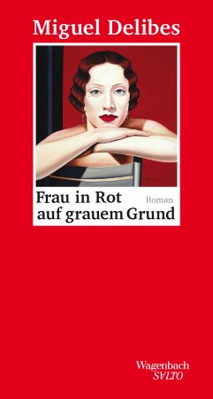 Frau in Rot auf grauem Grund